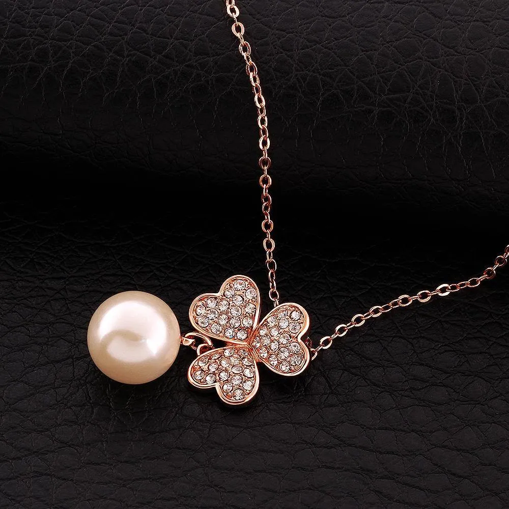 18K Rose Gold Plated Pave Lucky Clover with Imitation Pearl  Necklace