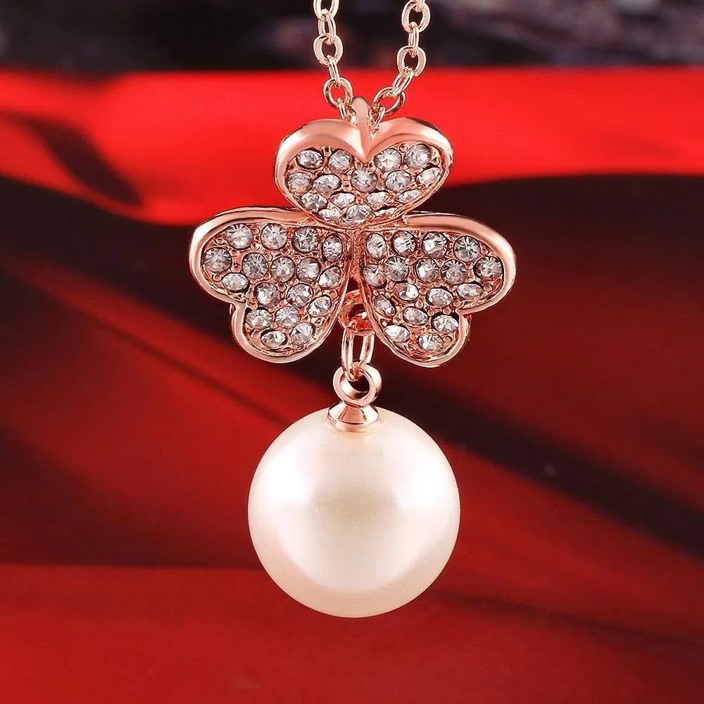 18K Rose Gold Plated Pave Lucky Clover with Imitation Pearl  Necklace
