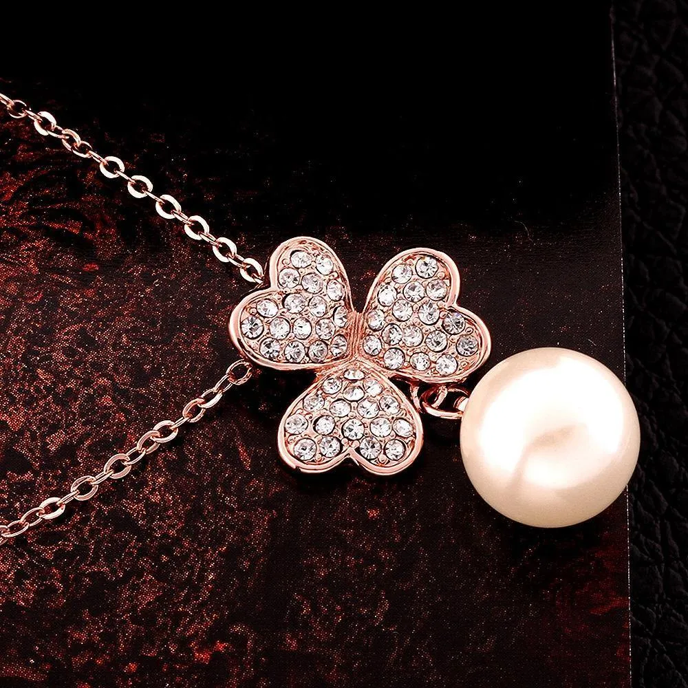 18K Rose Gold Plated Pave Lucky Clover with Imitation Pearl  Necklace