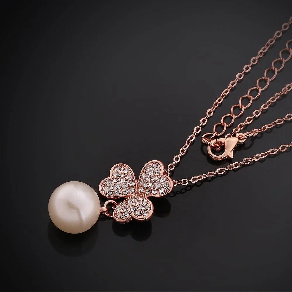 18K Rose Gold Plated Pave Lucky Clover with Imitation Pearl  Necklace