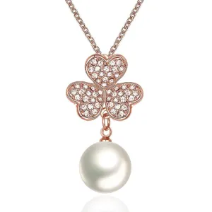 18K Rose Gold Plated Pave Lucky Clover with Imitation Pearl  Necklace