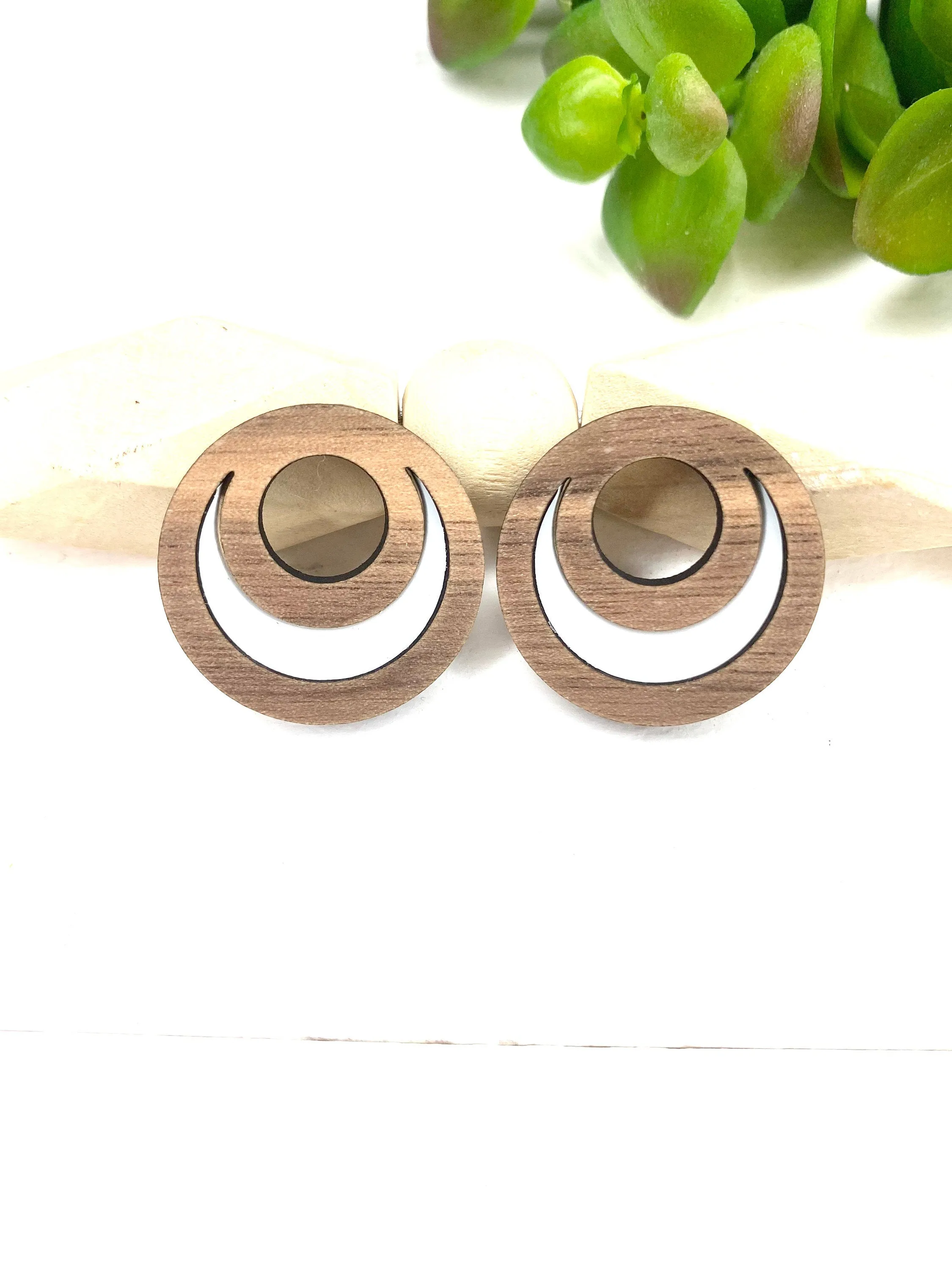 Brown and White Circle Post Earring Wood Stud Earrings Boho Inspired Jewelry Date Night Earrings Architectural Jewelry