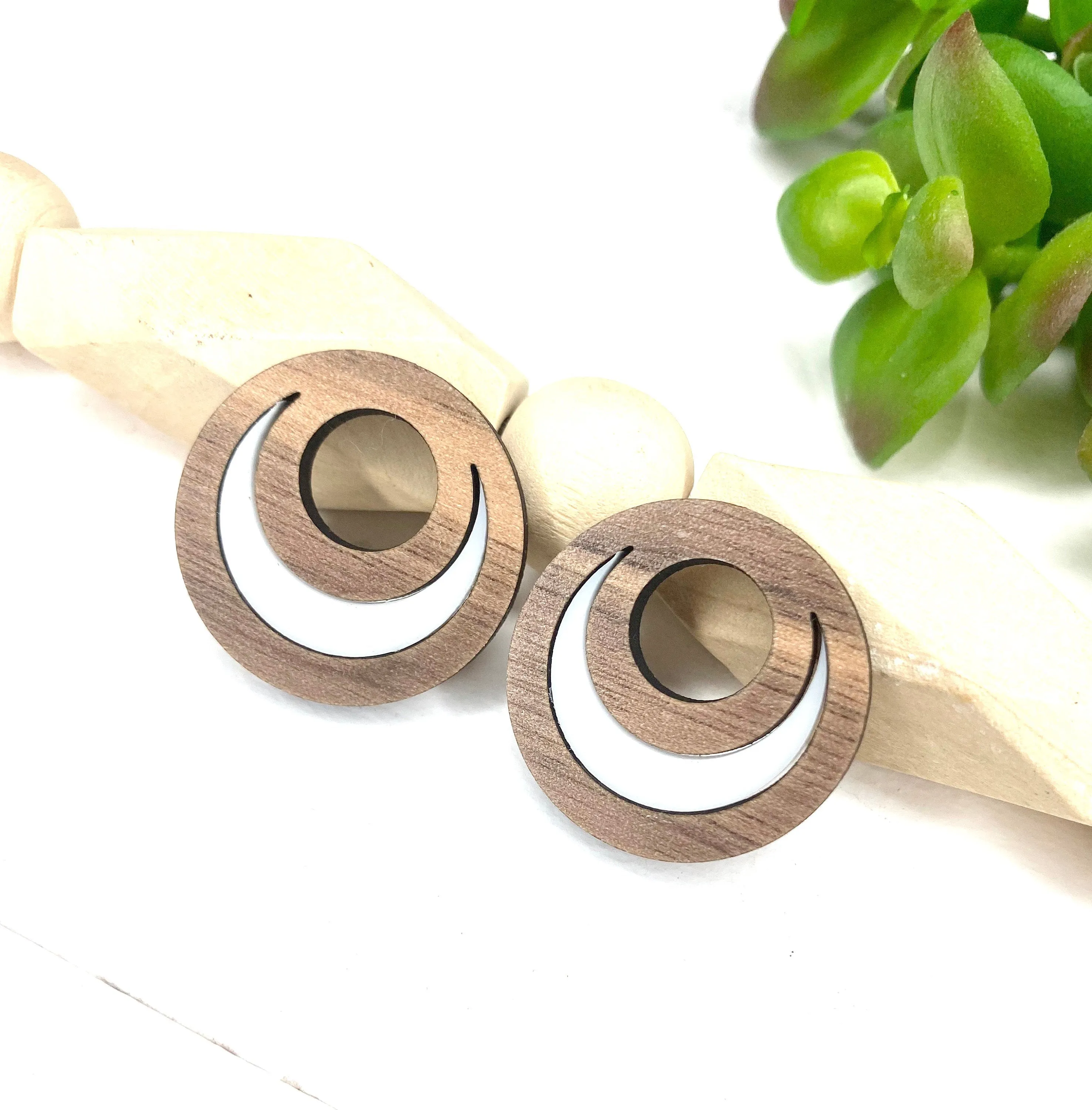 Brown and White Circle Post Earring Wood Stud Earrings Boho Inspired Jewelry Date Night Earrings Architectural Jewelry