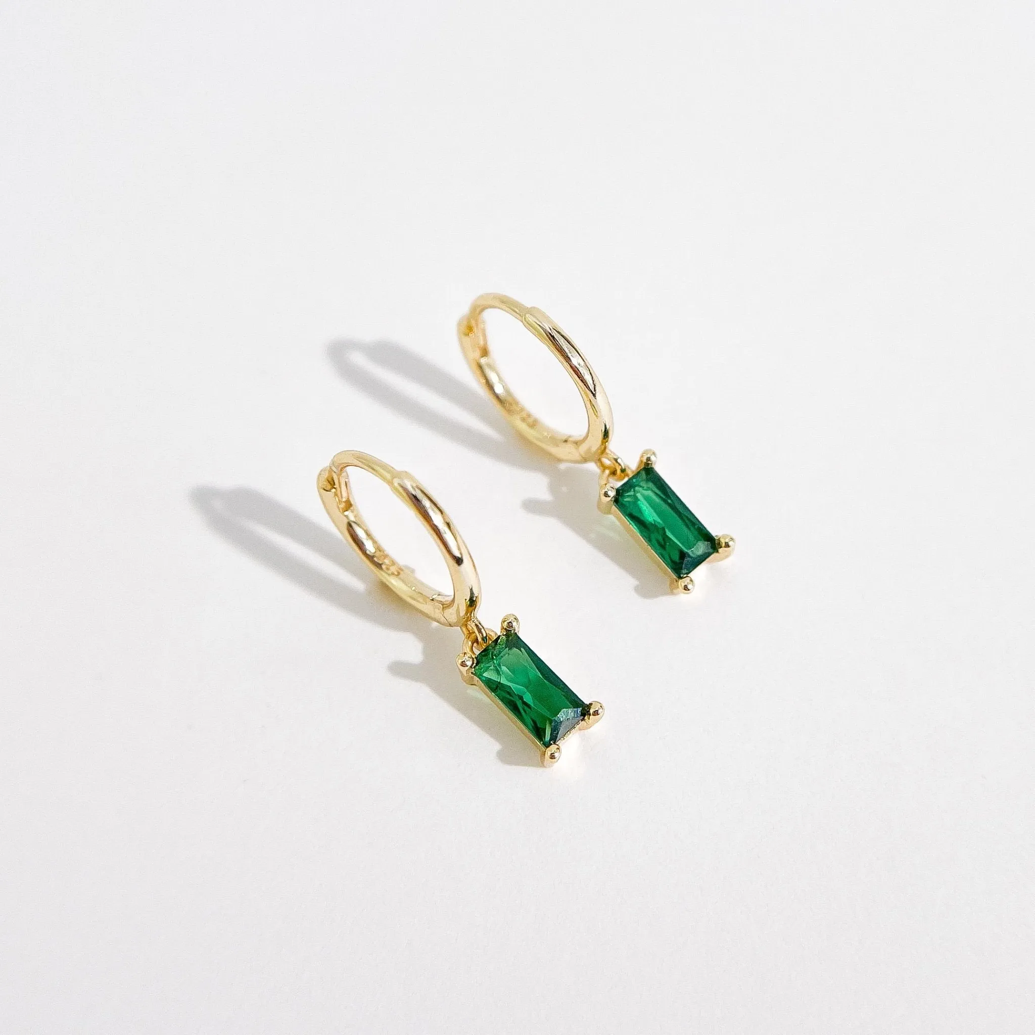 Green Rectangle Sterling Huggies in Gold