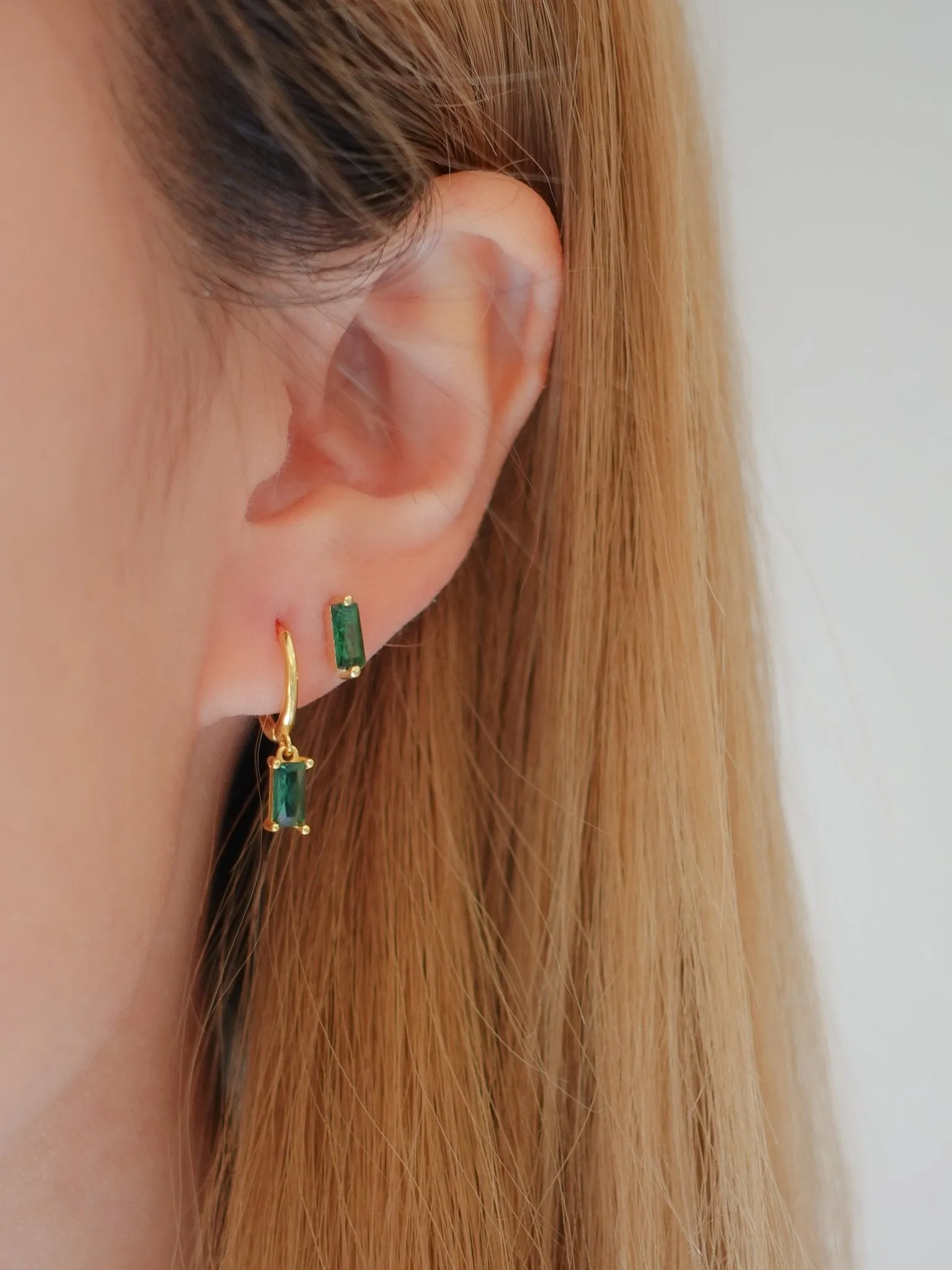 Green Rectangle Sterling Huggies in Gold