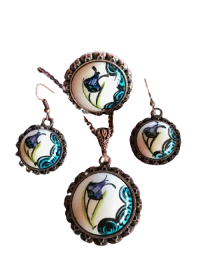 Hand Crafted Jewelry - Ceramic Jewelry Set - Flower Printed Earrings
