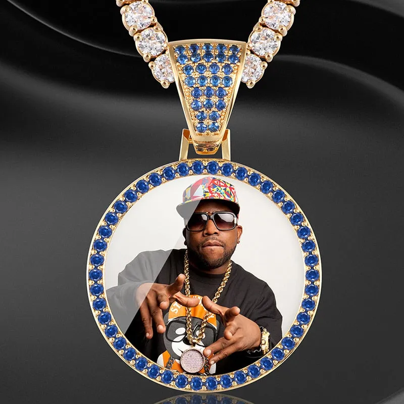Personalize Blue Crystal Photo Medallion Necklace- Blue Crystal AAA  CZ Diamond Medallion Necklace