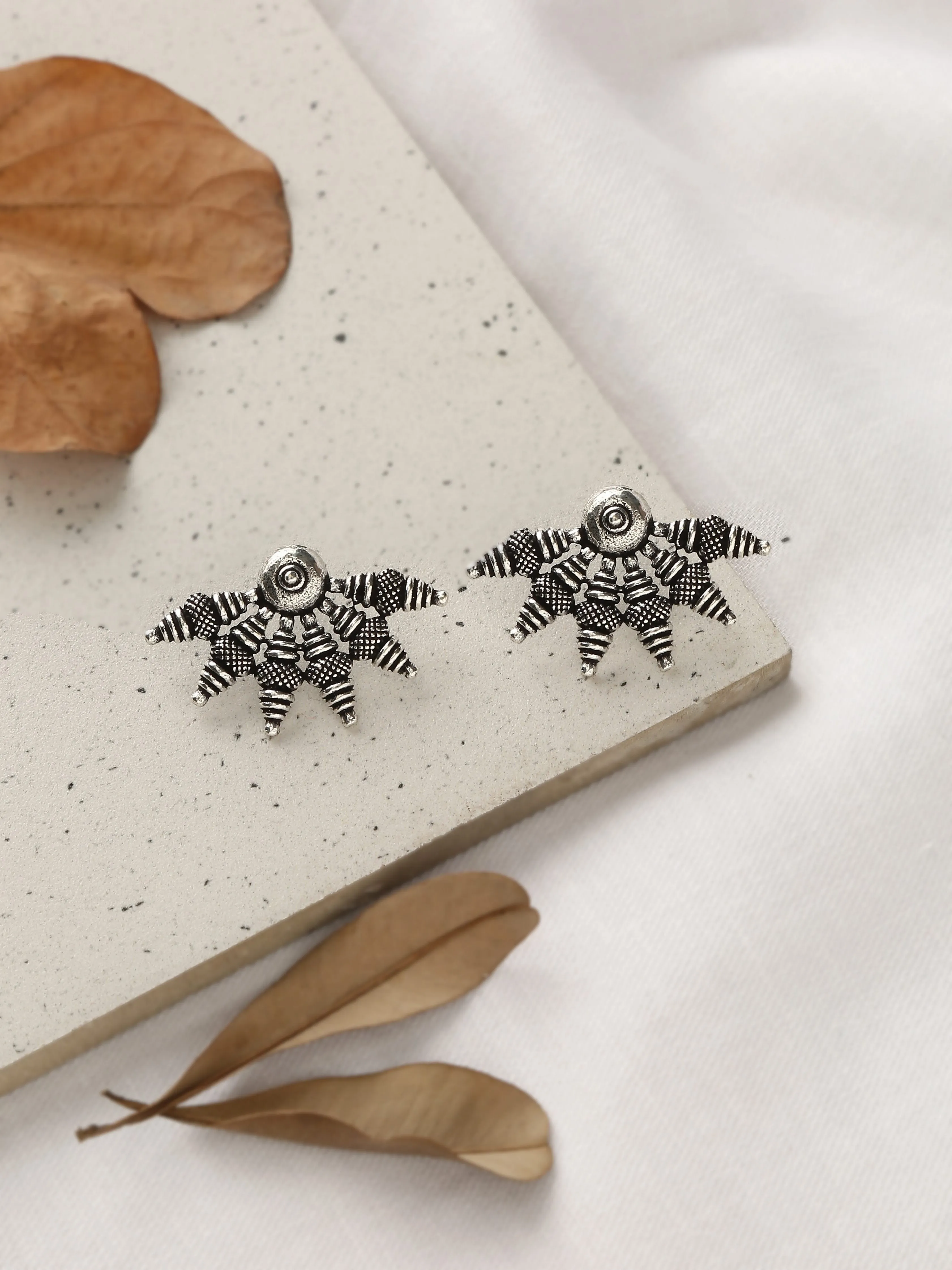 Silver-Plated Half Floral Stud Earrings