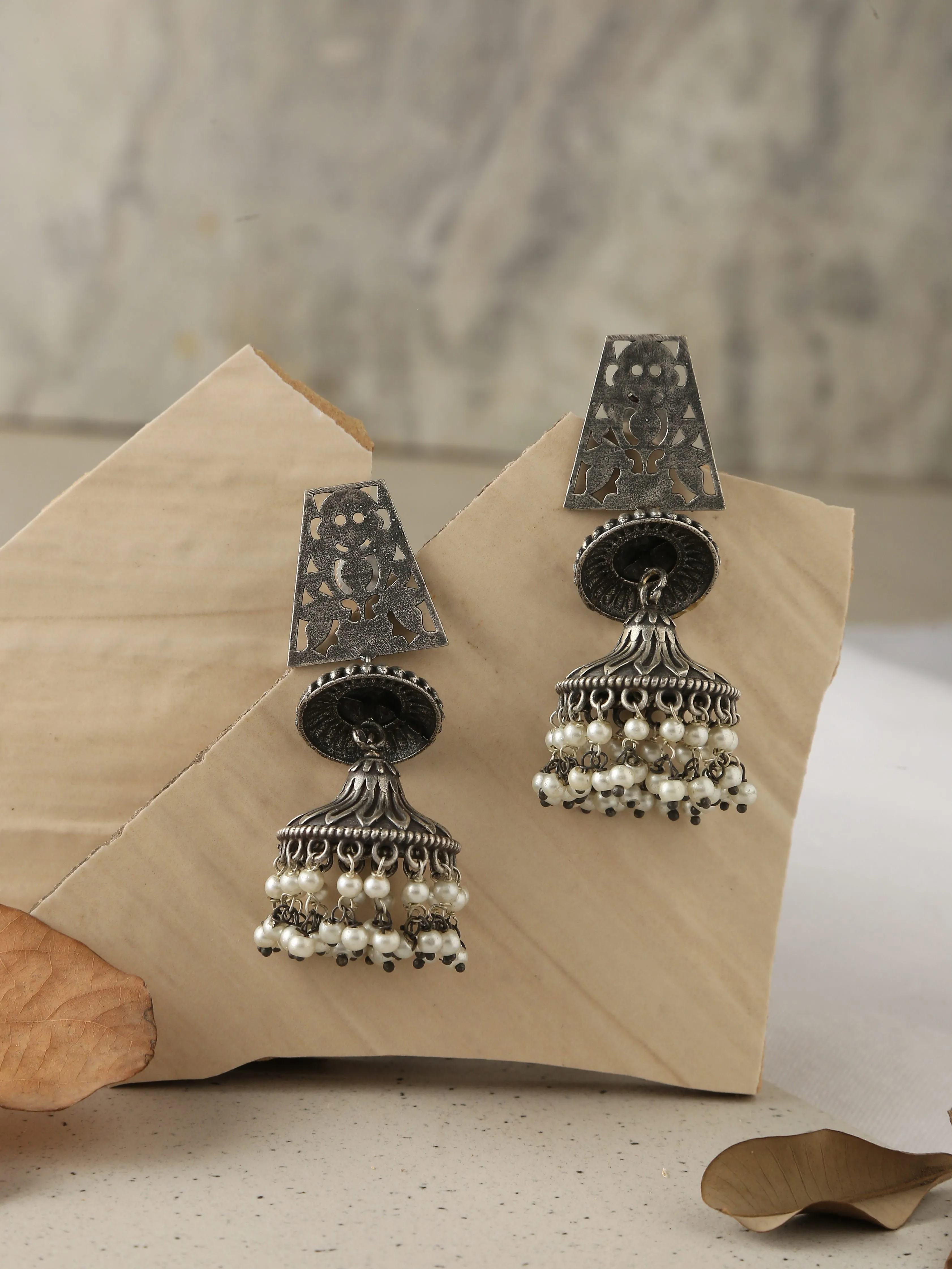 Silver-Plated Jaali Jhumka Earrings
