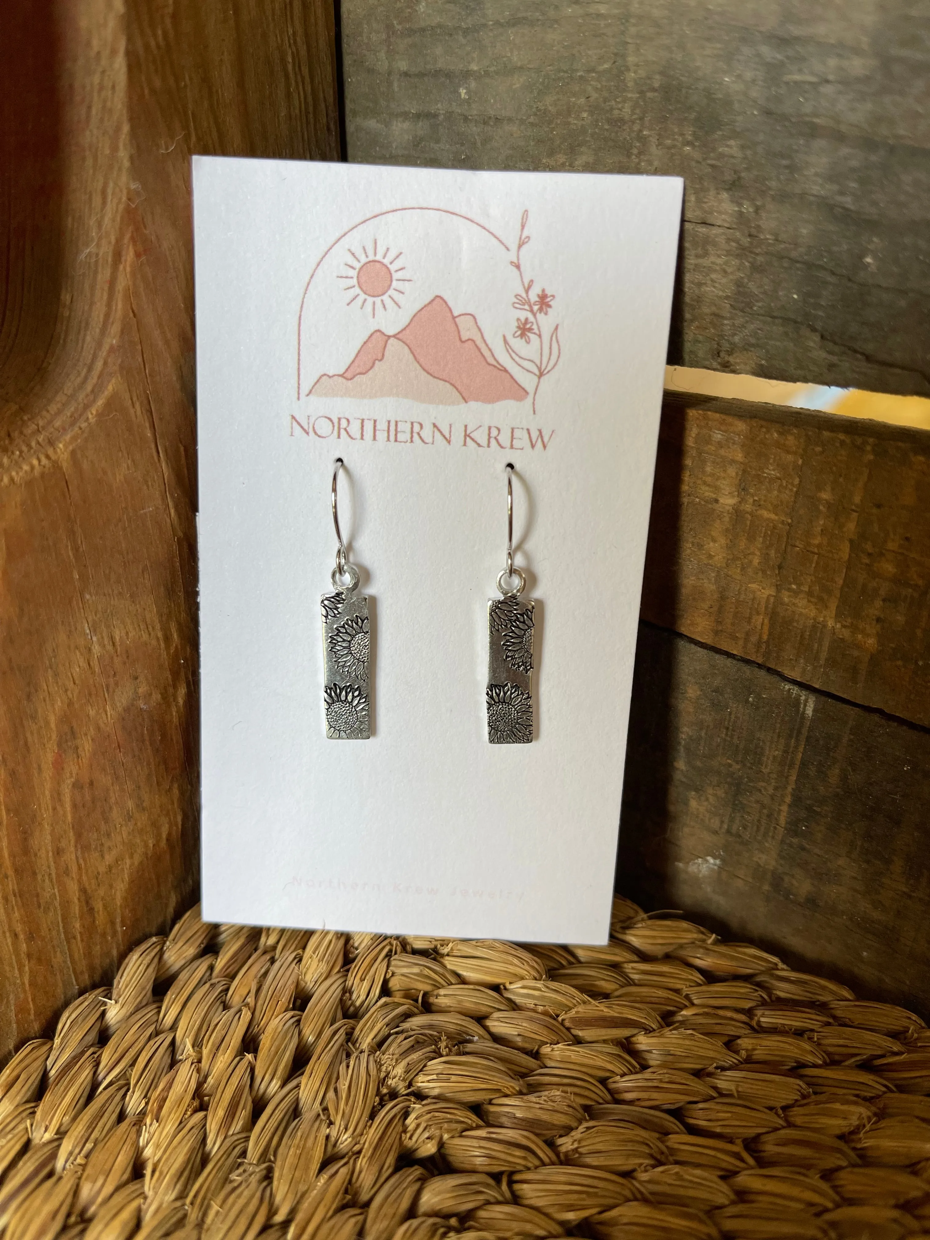 Stamped Rectangle Sunflowers Earrings