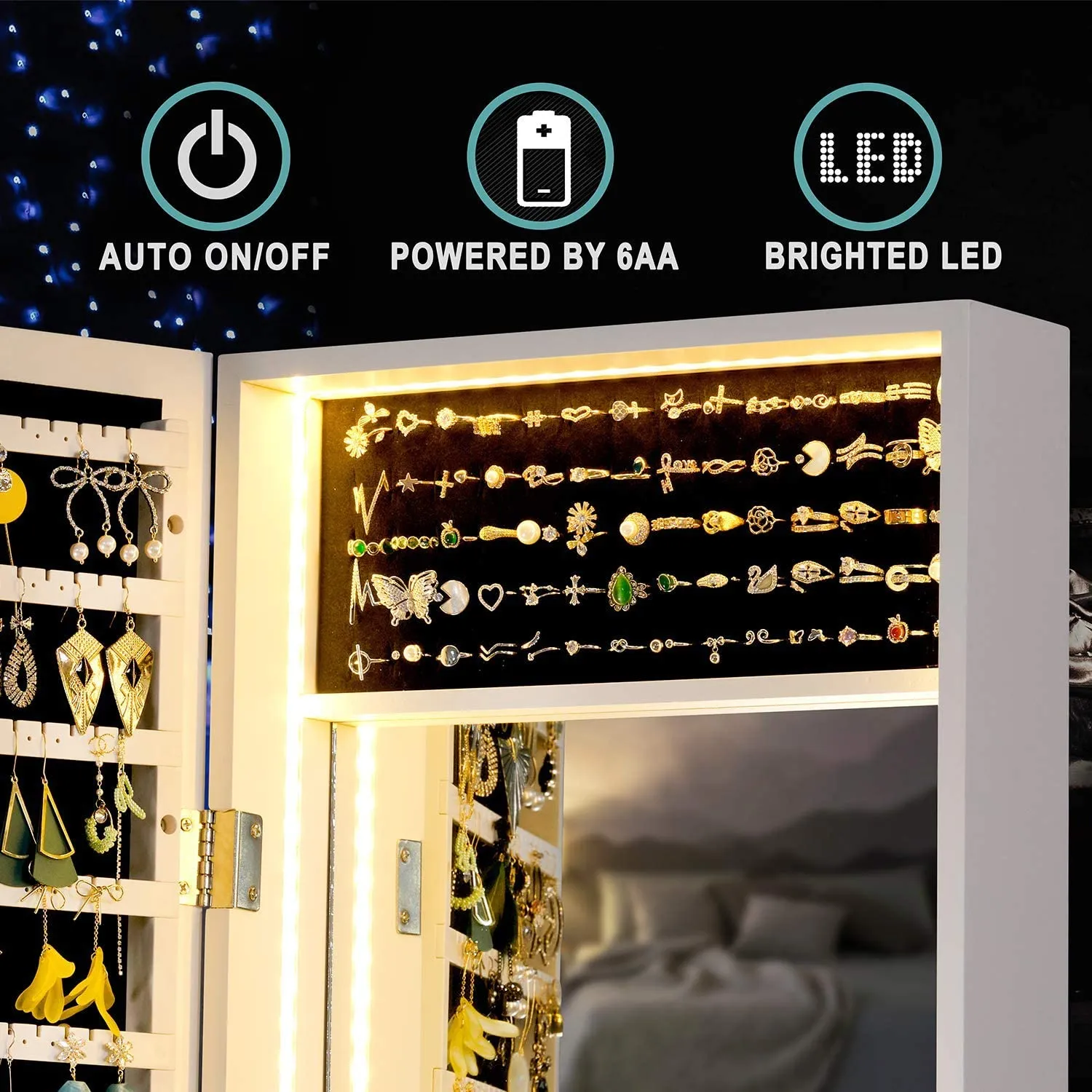 Stella 9 Wall Mounted Jewelry Armoire with Built-in LED Light – White