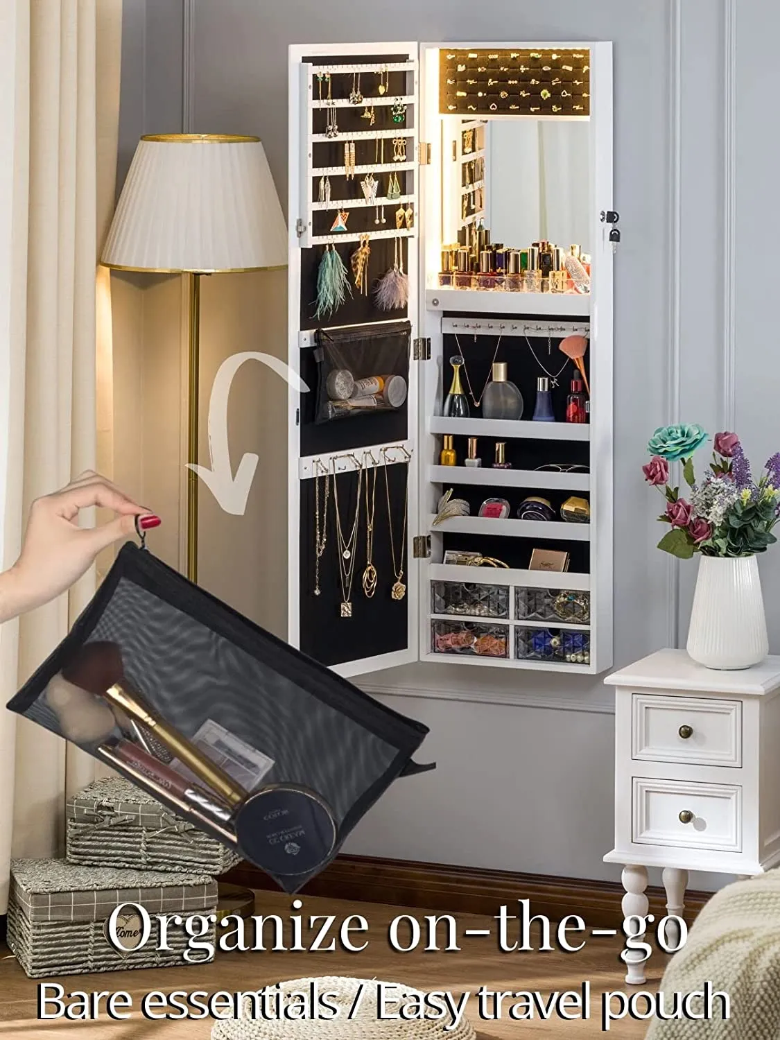 Stella 9 Wall Mounted Jewelry Armoire with Built-in LED Light – White
